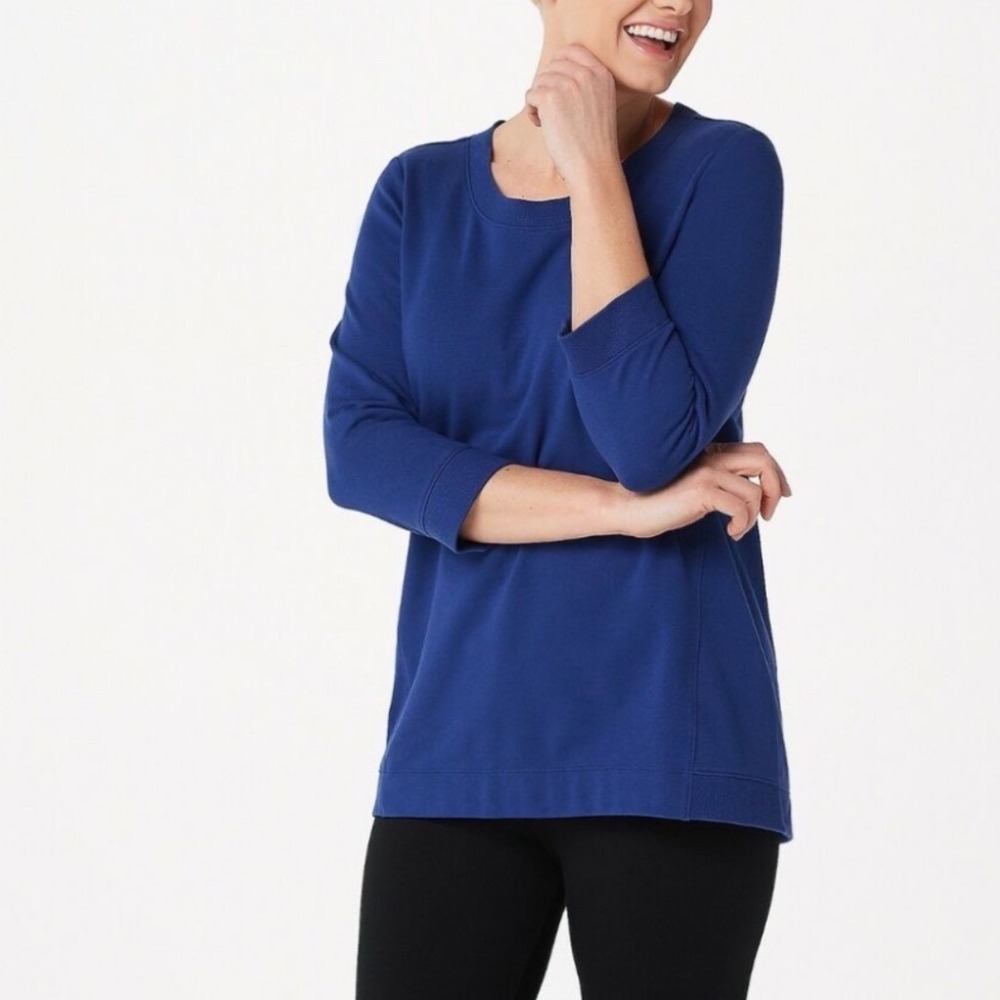 Denim & Co Active Royal Blue 3/4 Sleeve Pullover Sweatshirt XL Keyhole Back